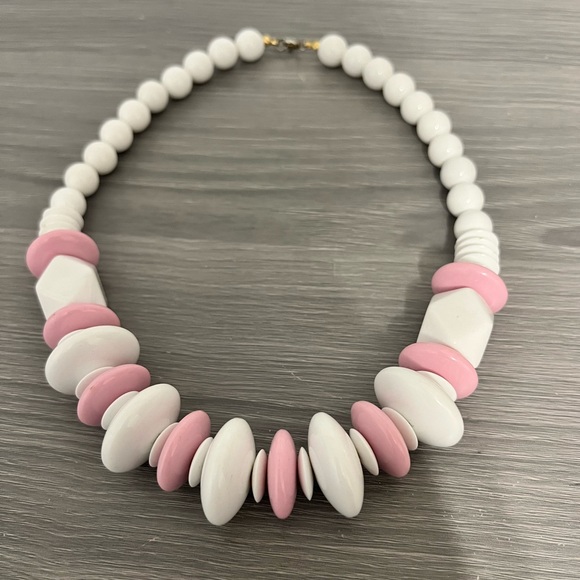 Jewelry - Vintage Plastic Beaded Necklace with White and Pink Beads
